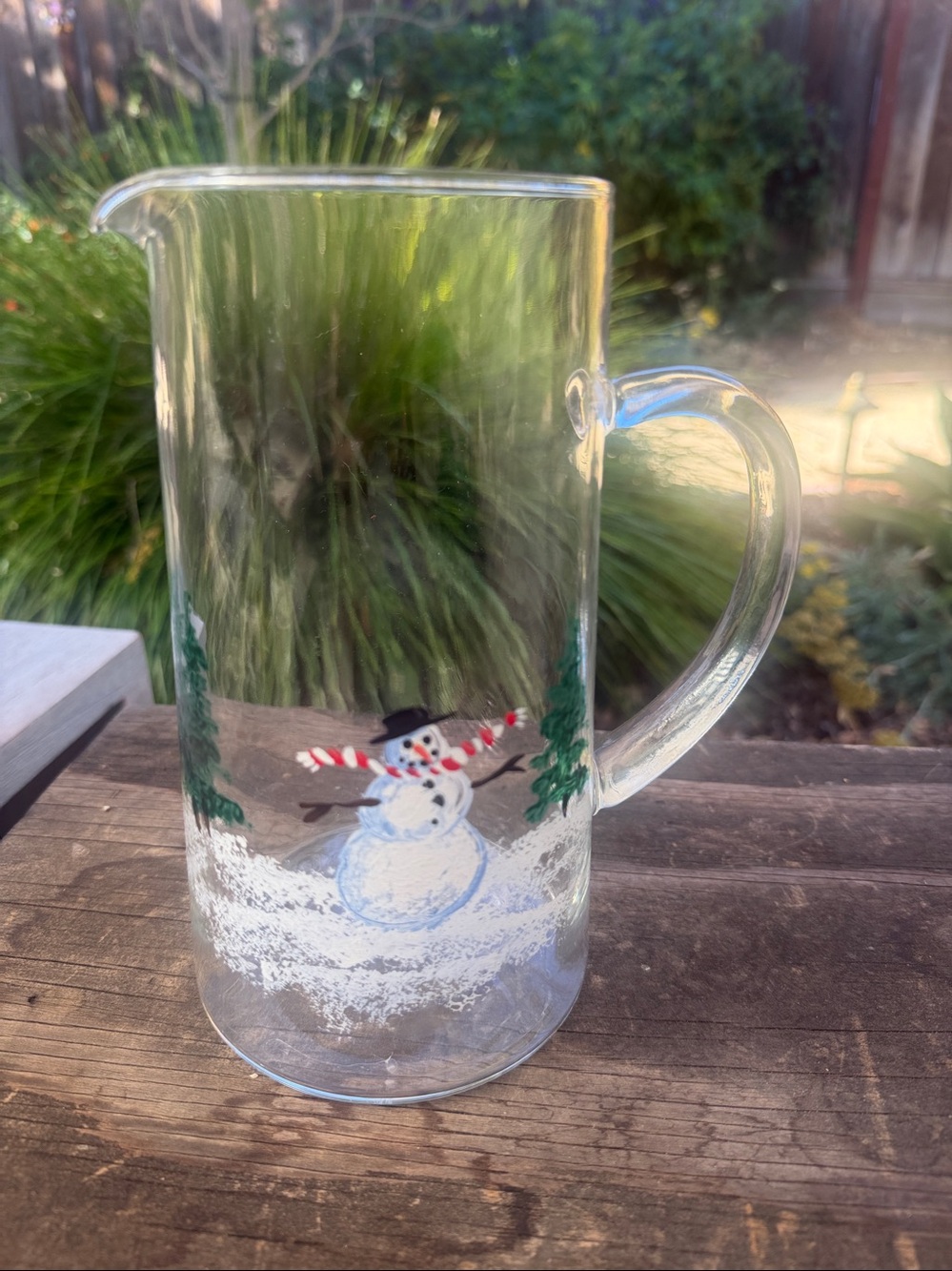 Vintage Garden Party of Vermont Hand Painted Glass Pitcher Holiday Snowman
